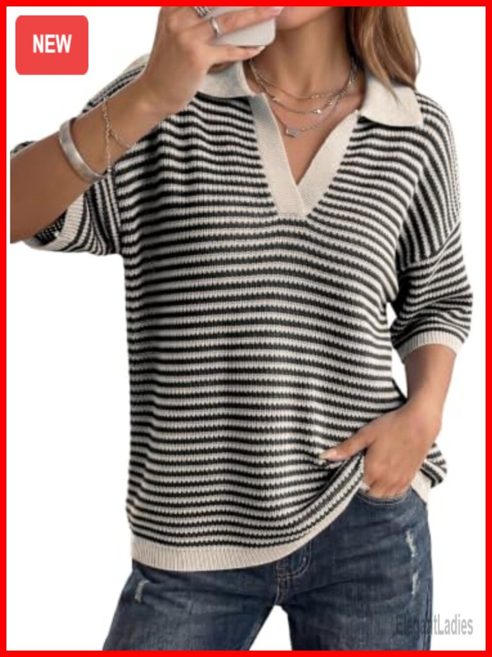 Womens Striped Knit Sweater V-Neck Half Sleeve Collared Pullover Top